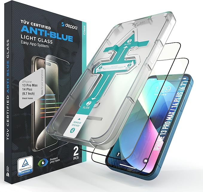 Deppa |2 Pack| Anti-Blue Light Screen Protector for iPhone 14 Plus/13 Pro Max (6.7') | Scratch Resistant Tempered Glass | 3D Edge to Edge Coverage | Easy Installation Kit | Eye Safeguard TÜV Certified