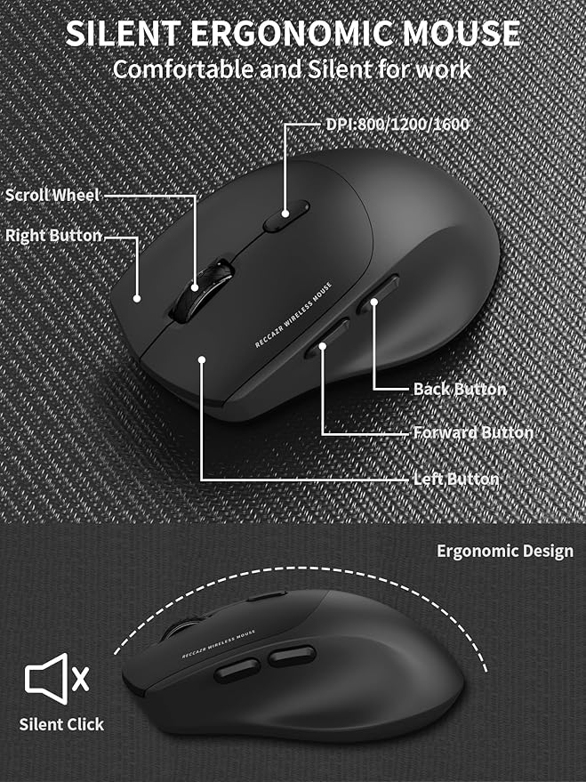 Wireless Keyboard and Mouse Combo, 2.4G Wave Keys Ergonomic Keyboard with Palm Rest and 3 DPI Silent Mouse, Compact Size for Natural Typing, Spill-Resistant, for Windows/PC/Laptop/Mac(Black)