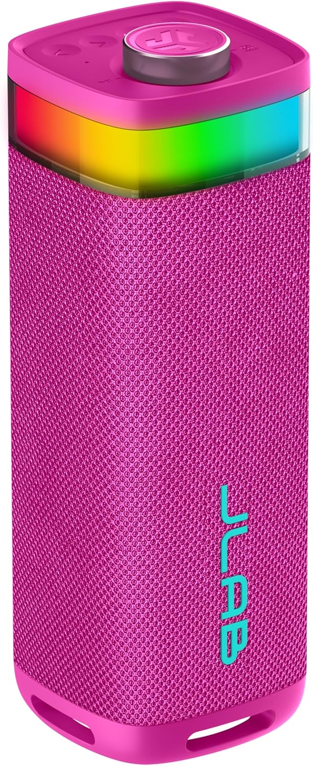 JLab JBuds Party Portable Bluetooth Speaker, 2 Full-Range Drivers + 2 Passive Woofers, IP56 Waterproof, 12 Hours Playtime, Connect Multiple Speakers, Custom Sound + RGB Lighting via App, Pink