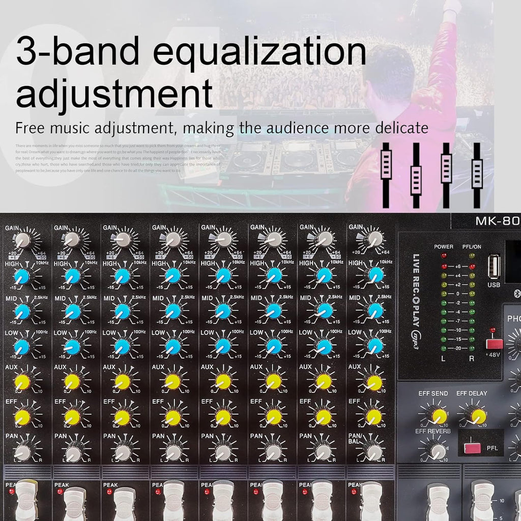 G-MARK MK800MP3 Professional Audio Mixer Sound Board 8 Channels Mixing Console with MP3 Player +48V Phantom Power Digital USB Bluetooth Reverb DJ Mixer Audio for PC Karaoke Stage Studio Recording