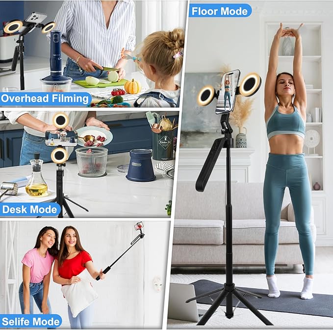 70.9" Auto Face Tracking Tripod 360° Rotation with Stand & Light, Phone Camera Holder Stand with Remote & Gesture Control, Extendable Selfie Stick for GoPro/Travel/Vlog/Video/Tiktok/Live Streaming