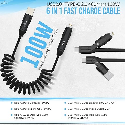 100W Multi Charging Cable - 6-in-1 Universal Fast Charging Cable with Zinc Alloy Connectors & PU Cable, Adjustable Length 120cm | C to C, USB to Type-C, Lightning, Micro - MFI Certified
