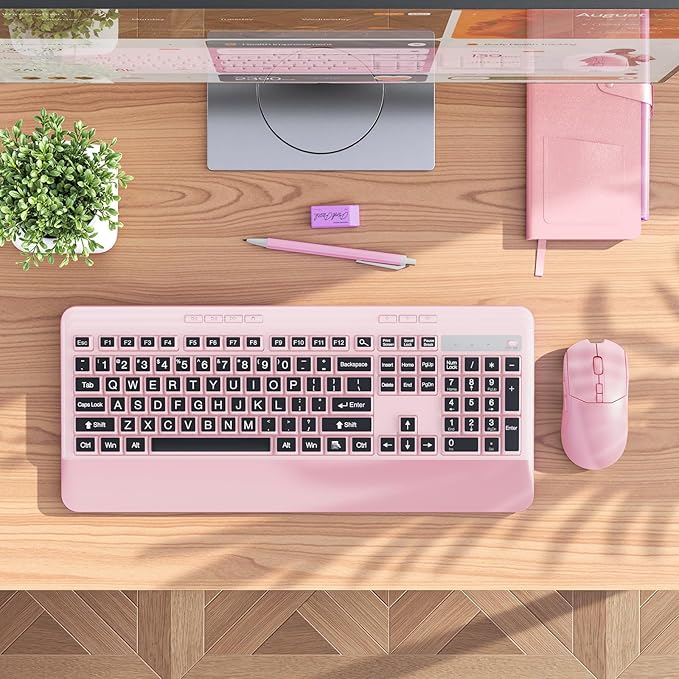 Wireless Keyboard and Mouse Set with Quiet Keys, 2.4G Full Size Ergonomic Keyboard with Wrist Rest, Protective Covers, Soft Touch Silent Design for Windows, Computer, PC and Laptop