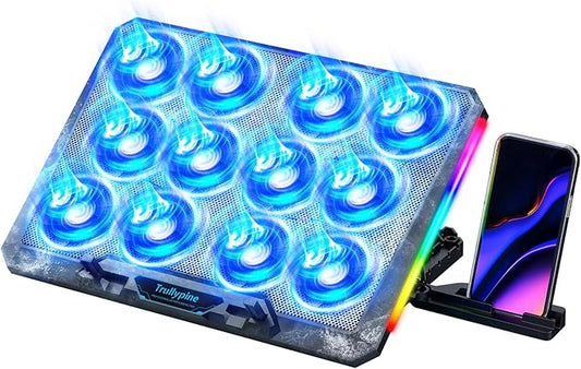 Laptop Cooling Pad with 12 Quiet Fans, Slim Portable for 12-17.3 Inch Laptop Cooler Stand with 5 Height Adjustable, Ergonomic Gaming Cooling Fan Pad with Two USB Ports & Phone Holder (Gear)