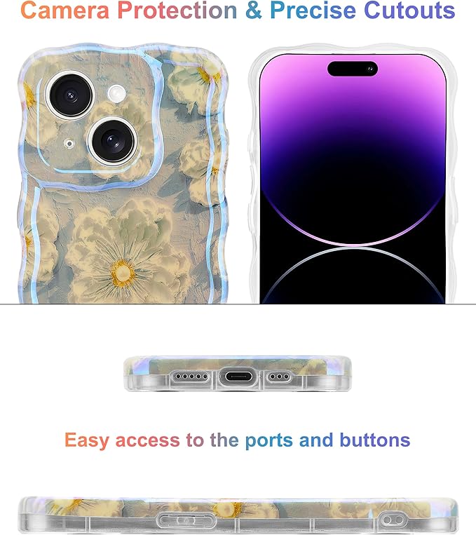 Jusy Compatible with iPhone 14 Plus/15 Plus, Colorful Retro Oil Painting Printed Flower Laser Glossy Pattern Cute Curly Wave Phone Case Soft TPU Cover for Girly Women -Light Blue