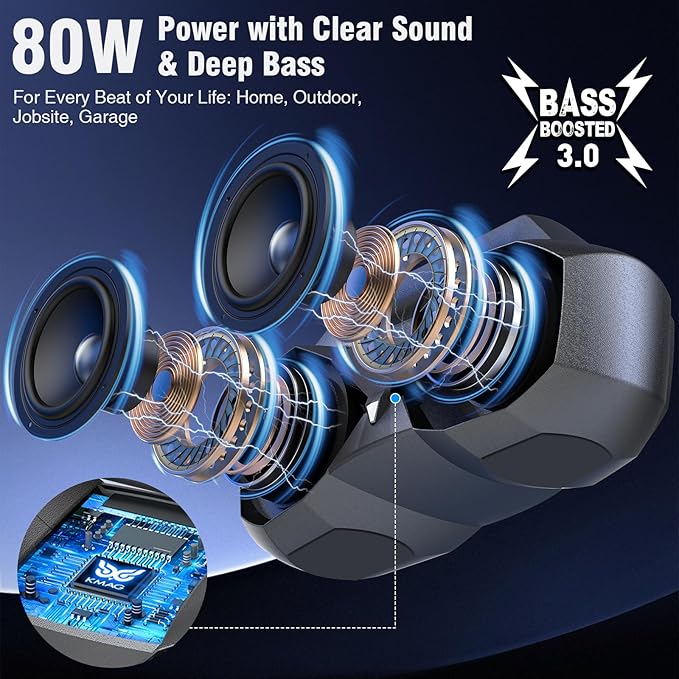 KMAG Bluetooth Speaker Wireless, 80W Loud Speaker with Deeper Bass, IPX7 Waterproof, 20H Playtime, Cool Lights, TWS, Portable Speaker for Home, Outdoor, Workshop, Party, Gift for All