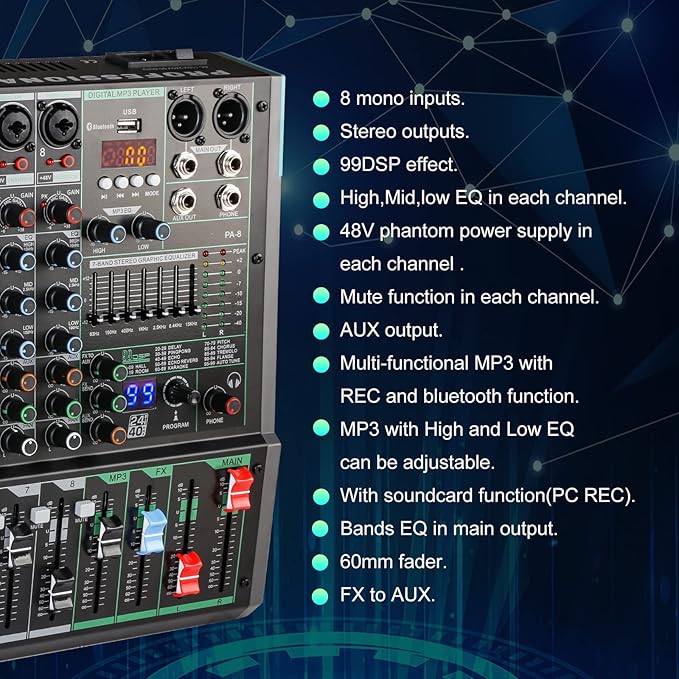 8 Channel Dj Mixer, Dj Board for Pa Stage systems with 99 Kinds of DPS Digital Effects,Echo+Delay Effect,Mic/Line XLR+6.35mm Input, AUX, Usb,MP3 Player,Recording Headphone Jack,PA-8