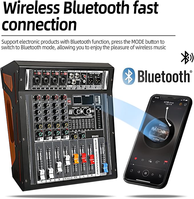 Audio Mixer 4 Channel, DJ Mixer with Power Amplifier, Audio Sound Card with 48V Phantom Power, Usb Audio Interface, Sounds Mixer Board with 99 DSP FX Reverb Delay Effect for Streaming