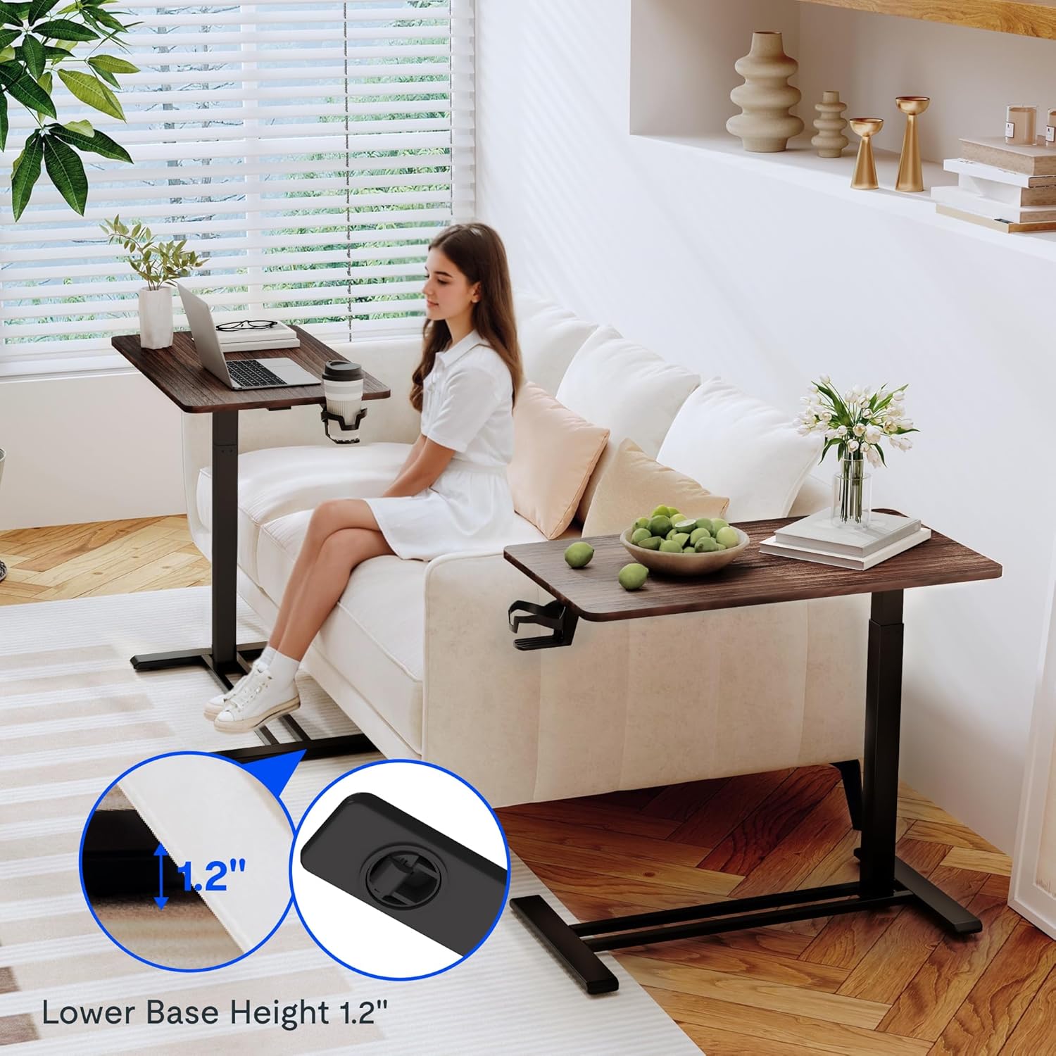 FLEXISPOT Adjustable C Table with Wheels, Mobile Snack Side End Table Sofa Couch Bedside Table Laptop Rolling Cart TV Tray Night Stand for Small Space Side Table(31.5" W x 17.7" D,Rustic Brown)