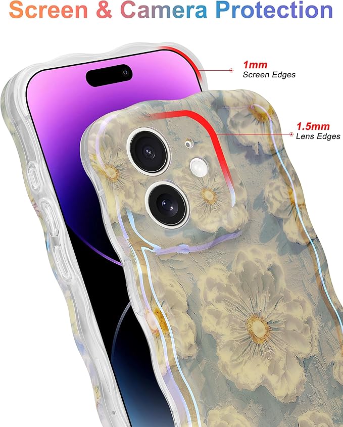 Jusy Compatible with iPhone 12, Colorful Retro Oil Painting Printed Flower Laser Glossy Pattern Cute Curly Wave Phone Case Soft TPU Cover for Girly Women - Light Blue