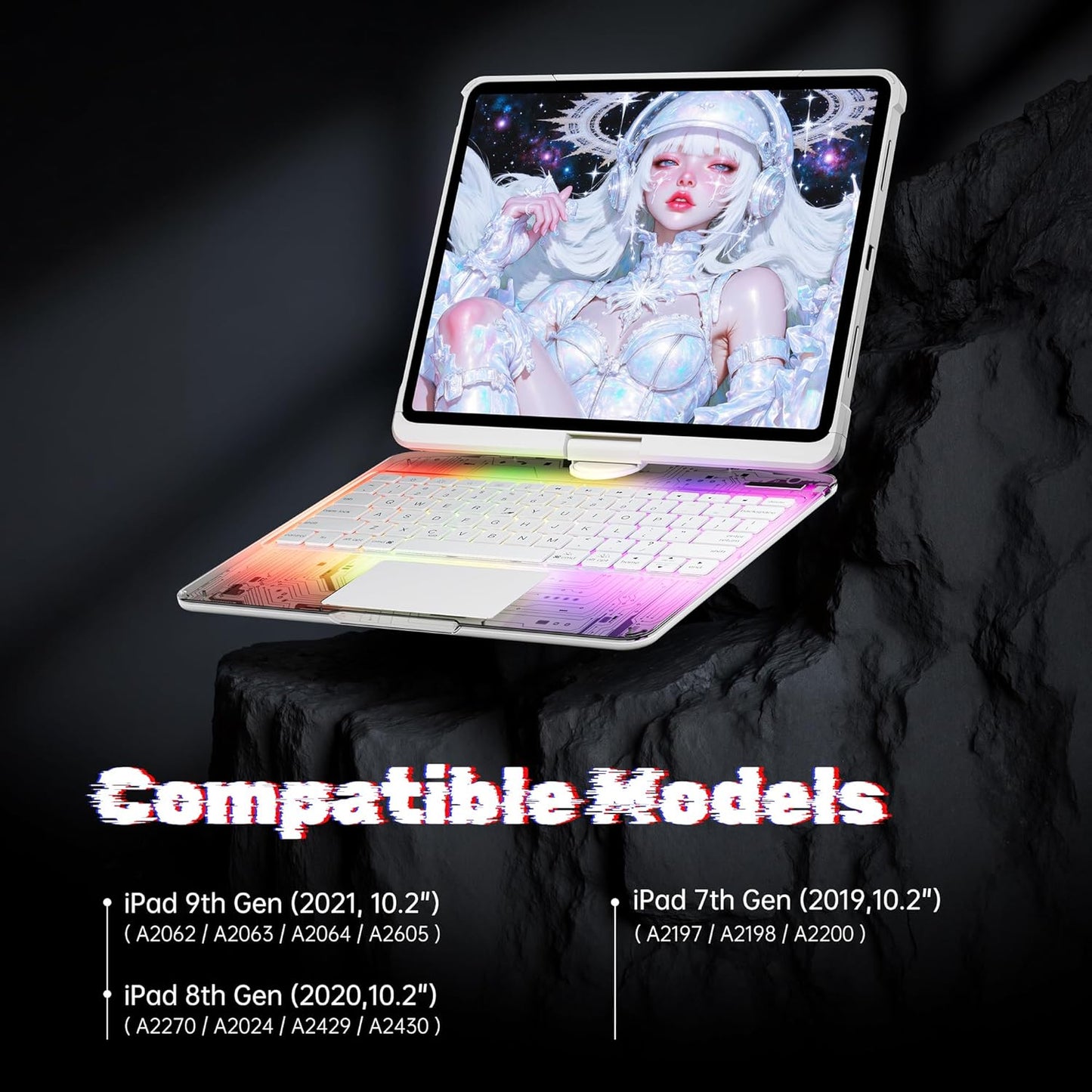 KITONE Transparent Case with Wireless Keyboard for iPad 10.2-in (7th, 8th, and 9th Gen), 7 Colors Backlight, Trackpad, 360°Rotating Stand, Tech Style