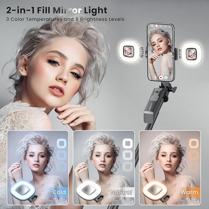 71" Selfie Stick Tripod with Wireless Remote & 2 Fill Lights, Tall Phone Tripod Stand with Quad-Leg Base, Aluminum Alloy White Stick for iPhone, Android, GoPro, Vlogging & Video