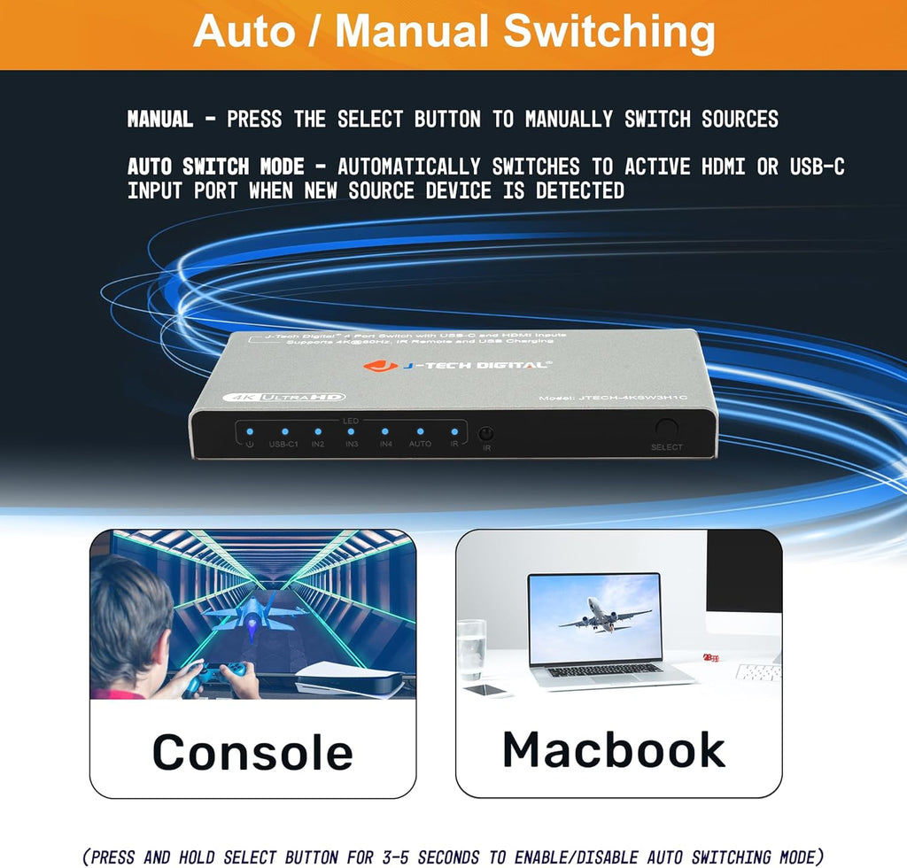 J-Tech Digital 4K 60Hz 4x1 HDMI & USB-C Switch | 3 HDMI + 1 USB-C Input, 1 HDMI Output | Compatible w/HDR & Dolby Vision | IR Remote, Auto Switch, CEC, Digital Audio [JTECH-4KSW3H1C]