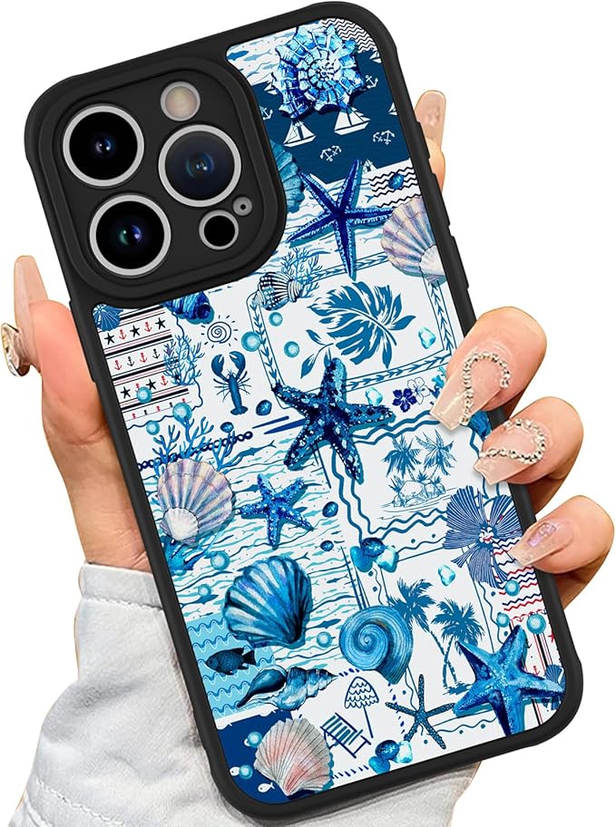 AIGOMARA Magnetic Case for iPhone 15 Pro [Compatible with MagSafe] Blue Shell Starfish Ocean Holiday Collage for Women Girls Men Soft TPU Bumper Hack PC Back Heavy Duty Protective Slim Cover