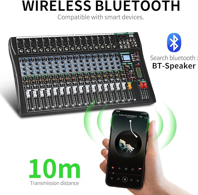 XTUGA 16 Channel Audio Mixer Sound Board Mixing Console, Audio Interface PC USB Bluetooth with 48V Phantom Digital Effect for DJ Live Recording Studio Karaoke(CT160)