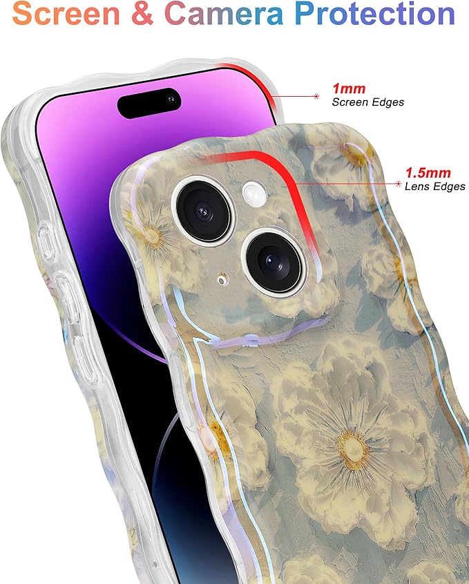 Jusy Compatible with iPhone 14, Colorful Retro Oil Painting Printed Flower Laser Glossy Pattern Cute Curly Wave Phone Case Soft TPU Cover for Girly Women -Light Blue