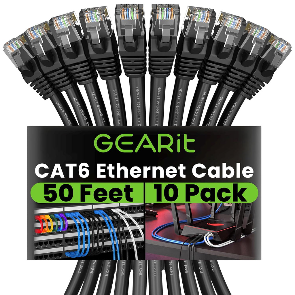 GEARit Cat 6 Ethernet Cable Pack - 10-Pack 50 ft Cat6 Ethernet Patch Cables | RJ45 Network Patch Cable, 10 Gbps Snagless Gold-Plated Connectors - Ethernet Cable Cat 6 for PC, TV, Router - Black