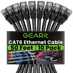 GEARit Cat 6 Ethernet Cable Pack - 10-Pack 50 ft Cat6 Ethernet Patch Cables | RJ45 Network Patch Cable, 10 Gbps Snagless Gold-Plated Connectors - Ethernet Cable Cat 6 for PC, TV, Router - Black