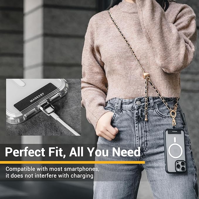 MAGEASY Crossbody Phone Chain Strap - Universal Metal Crossbody Phone Lanyard With Adjustable Length, Chic Cell Phone Necklace Phone Strap for iPhone & Android Phones - Modern Gold Metal