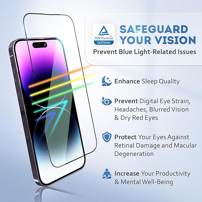 Deppa |2 Pack| Anti-Blue Light Screen Protector for iPhone 14 Pro Max (6.7')| Scratch Resistant Tempered Glass | 3D Edge to Edge Coverage | Easy Installation Kit | Eye Safeguard TÜV Certified