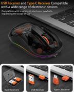 Bluetooth Wireless Mouse, Transparent RGB Tri-Modes Mouse,Bluetooth & 2.4GHz for Multi Device, USB-C Receiver Ideal for MacBook/Laptops, Rechargeable, Silent, Portable, Cool LED, Ergonomic - Black