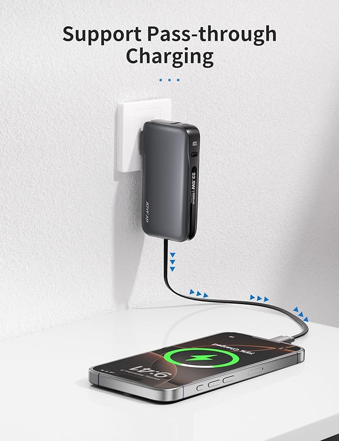 1 Pack Portable Charger with Built-in USB-C Cable & Plug, 10,000mAh 5V/4.5A Power Bank Fast Charging 22.5W, Travel Essential Battery Pack 3 Output for iPhone 16/15 Series, Samsung Galaxy, iPad