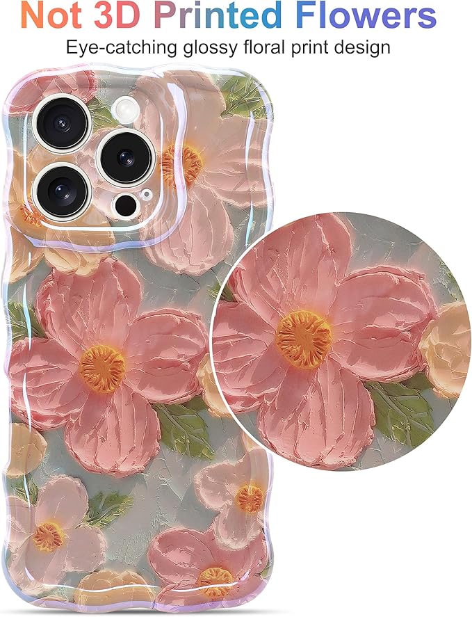 Jusy Case for iPhone 15 Pro, Colorful Retro Oil Painting Printed Flower Laser Blue Glossy Pattern Cute Curly Wave Phone Case Soft TPU Cover for Girly Women -Green