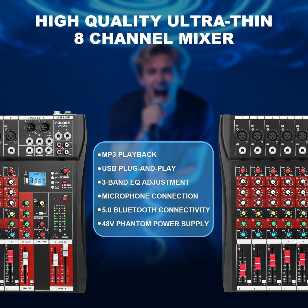 8 Channel Audio Mixer, Professional Music Mixer Board DJ Mixing Console with Bluetooth, USB/MP3 Player, Reverb, and 48V Phantom Power for Studio Recording, Karaoke, and Live Performances