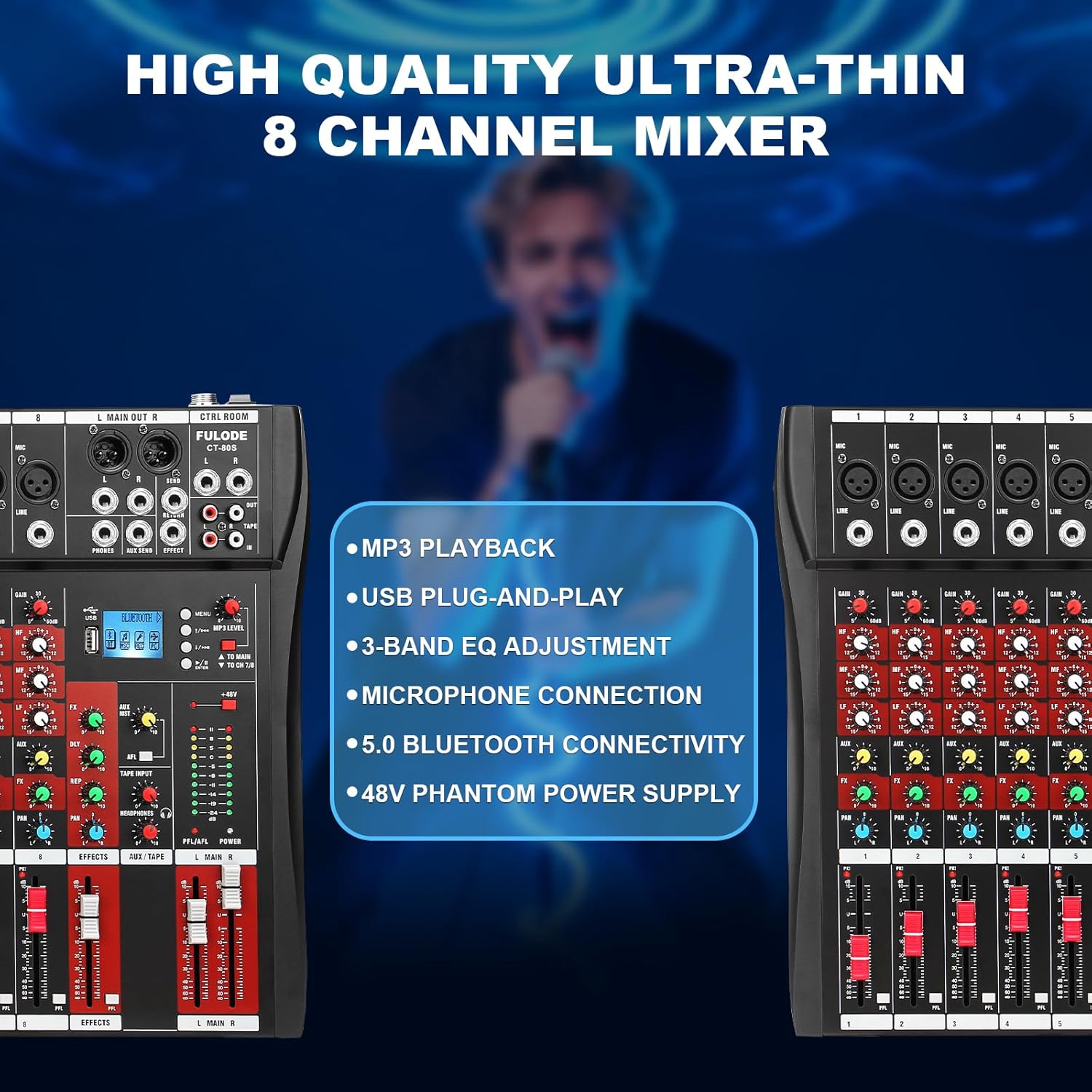 8 Channel Audio Mixer, Professional Music Mixer Board DJ Mixing Console with Bluetooth, USB/MP3 Player, Reverb, and 48V Phantom Power for Studio Recording, Karaoke, and Live Performances
