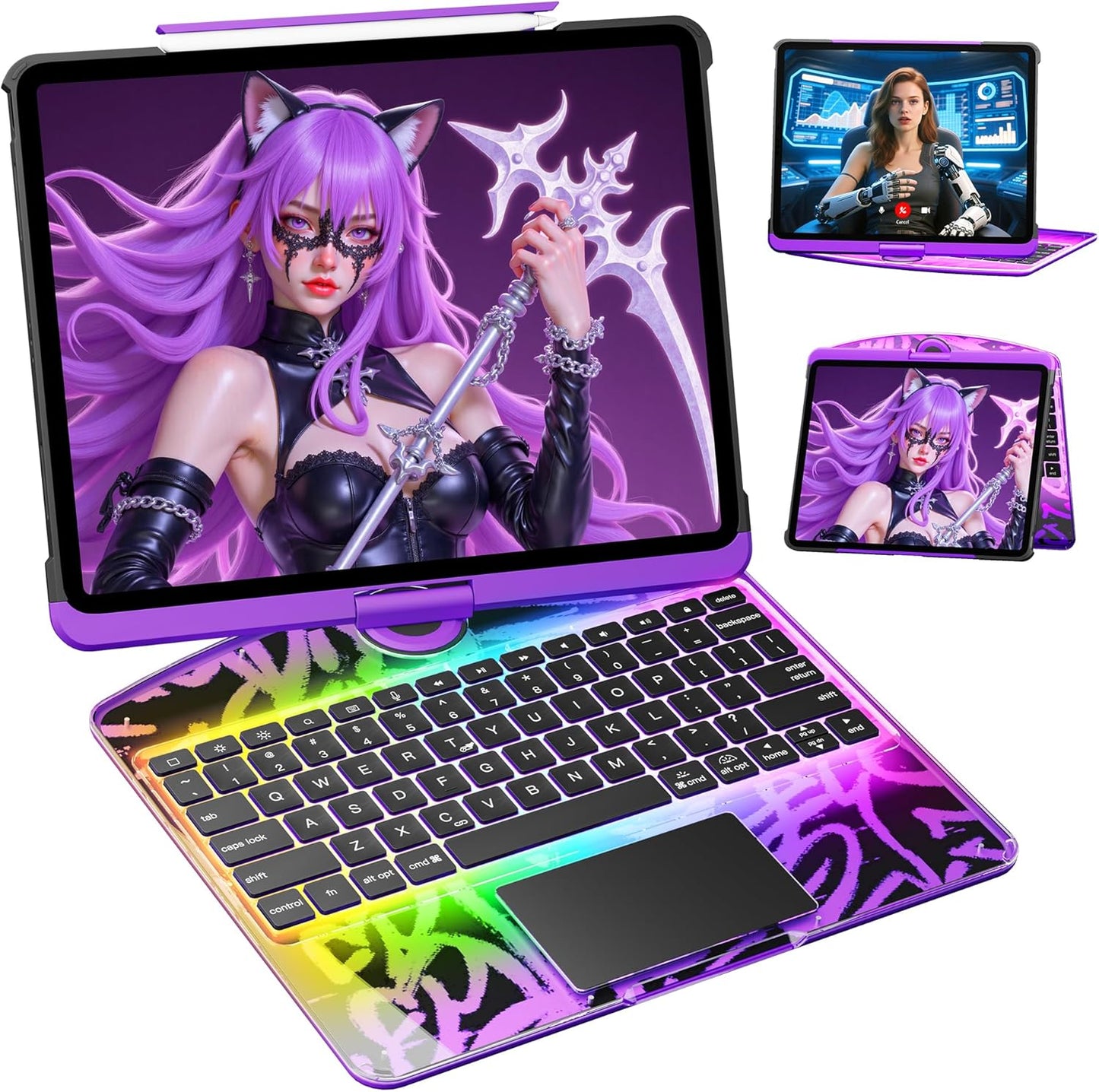 KITONE for iPad Air 11 Inch (M3/M2,2025/2024) Transperant Case with Wireless Keyboard, 7 Color Backlight, Trackpad, 360°Rotating Stand for 10.9" iPad Air 5th/4th, 11" iPad Pro 4/3/2/1 Case, Cyberpunk