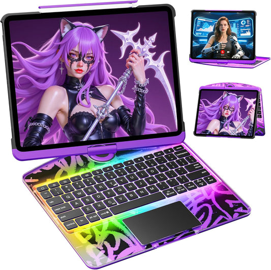 KITONE Transparent Case with Wireless Keyboard for iPad 10.2-in (7th, 8th, and 9th Gen), 7 Colors Backlight, Trackpad, 360°Rotating Stand, Tech Style