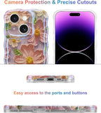 Jusy Compatible with iPhone 15, Colorful Retro Oil Painting Printed Flower Laser Glossy Pattern Cute Curly Wave Phone Case Soft TPU Cover for Girly Women - Light Purple