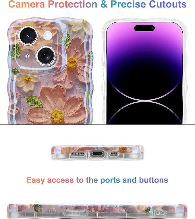Jusy Compatible with iPhone 14 Plus/15 Plus, Colorful Retro Oil Painting Printed Flower Laser Glossy Pattern Cute Curly Wave Phone Case Soft TPU Cover for Girly Women - Light Purple