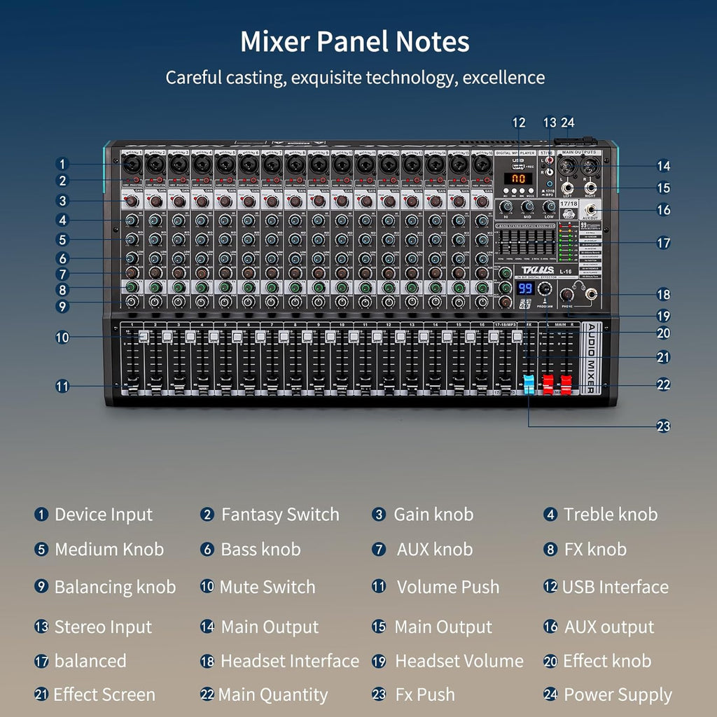Audio Mixer, TKLBLS Professional 16 Channel DJ Mixer Board with 99-Bit DSP, Sound Board Mixing Console 7-Band EQ Output, USB Audio Interface, Bluetooth 48V Phantom Power For Karaoke Studio Streaming
