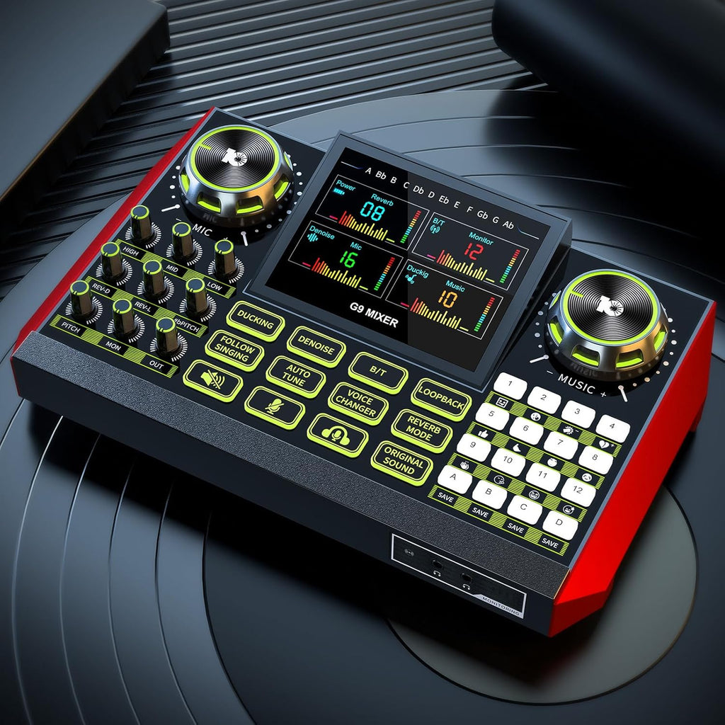 Audio Mixer, Sound Board for Pc/Phone Live Streaming Singing Gaming, Sound Mixer for 3.5/6.35mm Dynamic Microphone, Live Sound Card with DJ Mixer Effects & Voice Changer, Denoise, One Click Mute