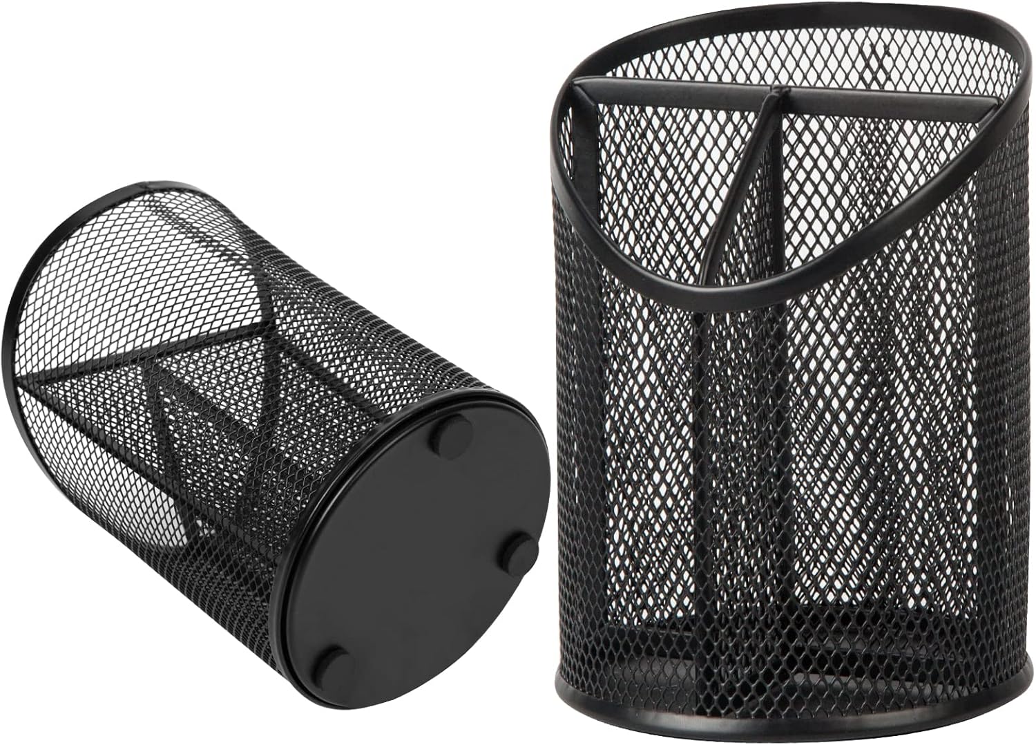 2 Pack Pen Holder Mesh Round Pencil Holder Desktop Organizer 3 Compartments, Black