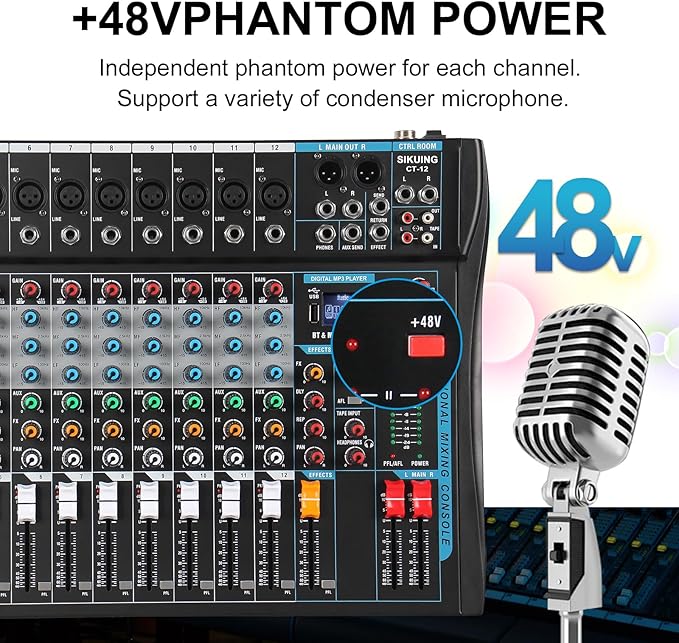 12 Channel Audio Interfacer Sound Board Mixer DJ Mixer 16-Bit DSP Effect USB Audio Mixer +48V Phantom Power Bluetooth Mixer for Karaoke Studio Streaming Recording,Live Streaming