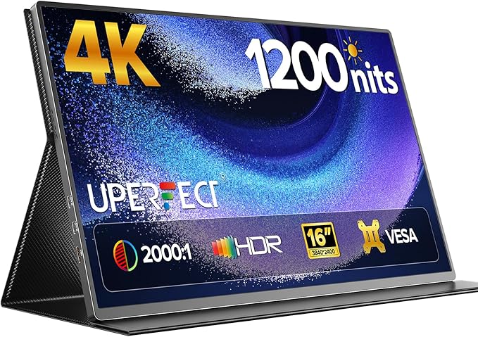 UPERFECT Portable Monitor 4K 16" | 1200 Nits Laptop Monitor | 3840 * 2400 UHD | 1MS FreeSync 2000:1 Contrast | USB-C & HDMI | VESA & Smart Case | Travel Screen for Computer, Mini PC, Game Consoles