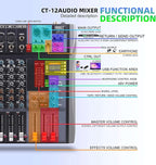 Pro DJ Mixer 12-Channel Audio Console - Bluetooth/USB Streaming, 48V Phantom Power, 3-Band EQ for Live Stage, Recording Studio & Karaoke Systems (CT-12)