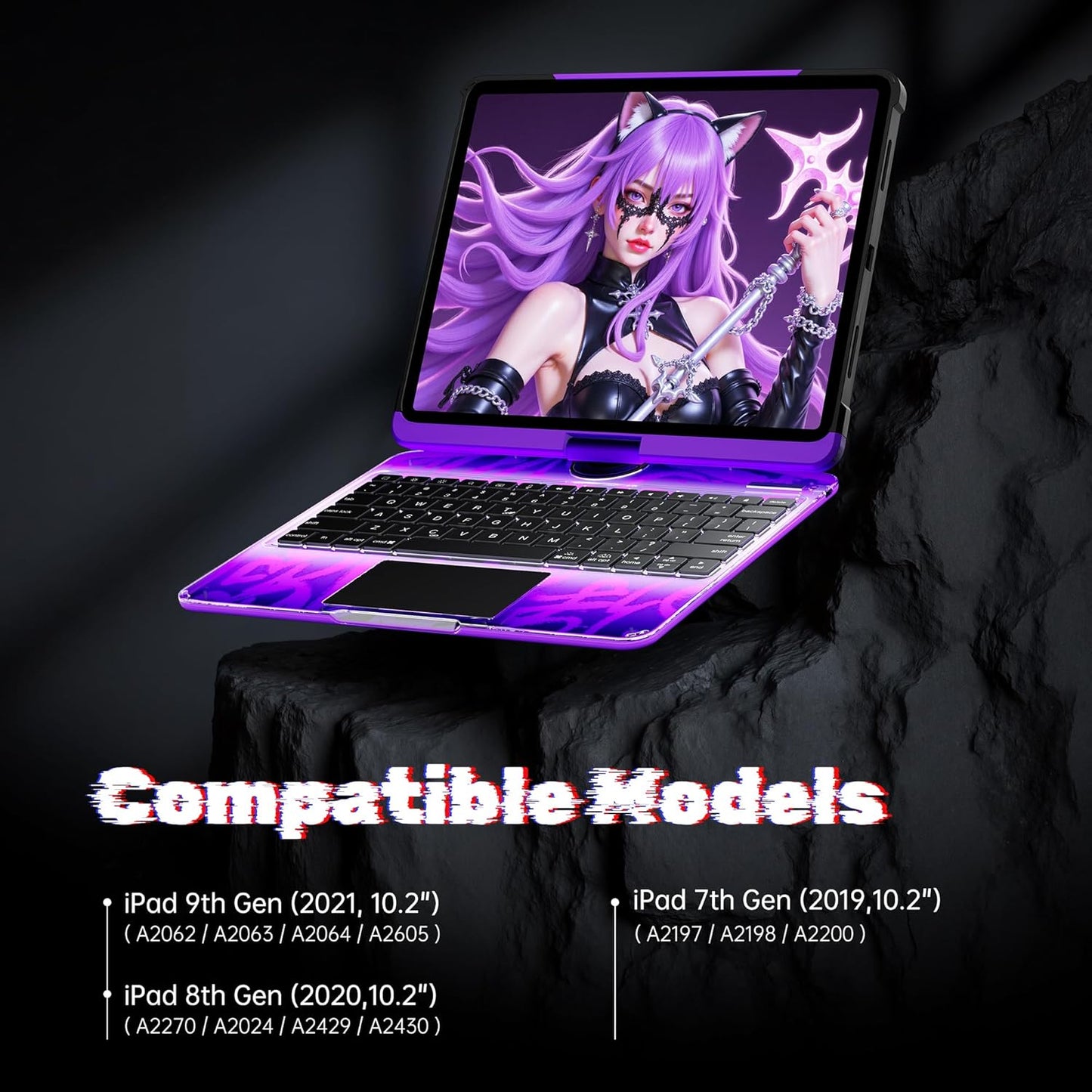 KITONE Transparent Case with Wireless Keyboard for iPad 10.2-in (7th, 8th, and 9th Gen), 7 Colors Backlight, Trackpad, 360°Rotating Stand, Tech Style