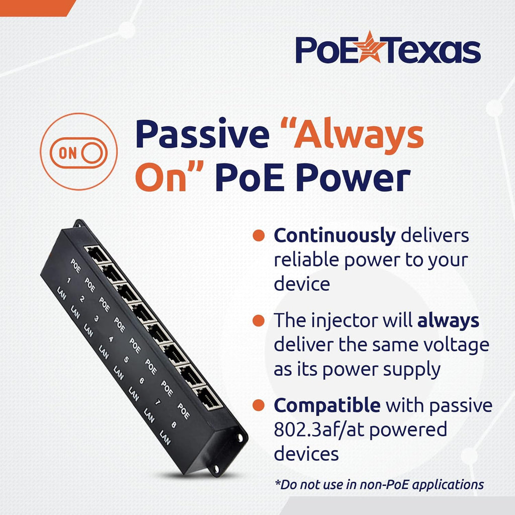 PoE Texas 8 Port Injector - 10/100 Passive Power Over Ethernet With 48V 60W UL Power Supply - 802.3af for VoIP Phones, WiFi Access Points, IP Cameras - Add to A Non-PoE Switch
