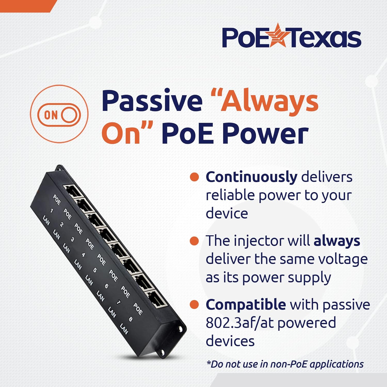 PoE Texas 8 Port Injector - 10/100 Passive Power Over Ethernet With 48V 60W UL Power Supply - 802.3af for VoIP Phones, WiFi Access Points, IP Cameras - Add to A Non-PoE Switch