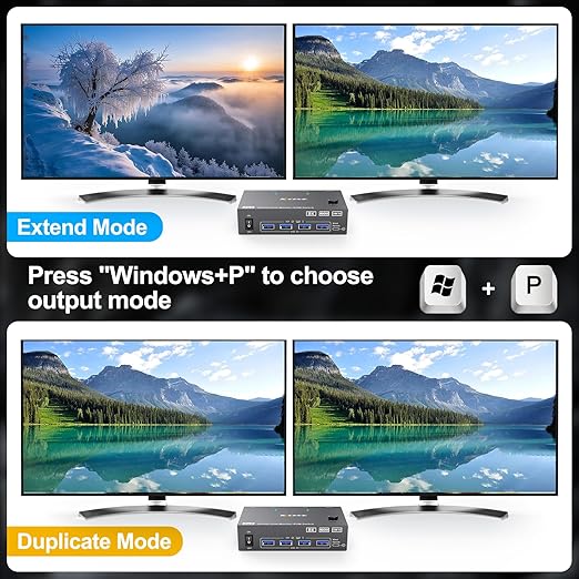 KVM Switch 2 Monitors 2 Computers 8K@60Hz/4K@144Hz, HDMI Displayport KVM Switches for 2 PC Sharing Dual Monitor and Keyboard Mouse with Power Adapter, Wired Extend Controller and USB3.0 Cables