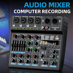 Depusheng M6 Portable Mini Mixer 6-Channel Audio Mixer DJ Console with Sound Card, Bluetooth Function, USB, 48V Phantom Power for PC Recording Webcast Party with 256 DSP