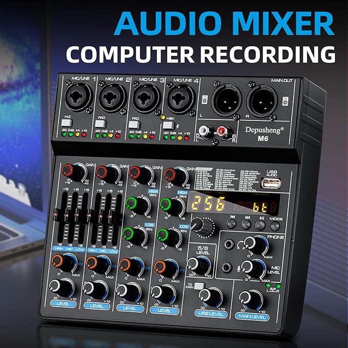 Depusheng M6 Portable Mini Mixer 6-Channel Audio Mixer DJ Console with Sound Card, Bluetooth Function, USB, 48V Phantom Power for PC Recording Webcast Party with 256 DSP