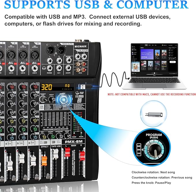 Audio Mixer 6 Channel Professional Mixer Console with 320 DSP Effects, 7-band EQ Sound Mixing Board Digital DJ Mixer w/USB Bluetooth MP3 for Recording, Independent 48V Power & Mute Button
