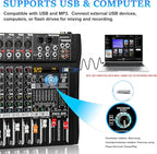 Audio Mixer 6 Channel Professional Mixer Console with 320 DSP Effects, 7-band EQ Sound Mixing Board Digital DJ Mixer w/USB Bluetooth MP3 for Recording, Independent 48V Power & Mute Button