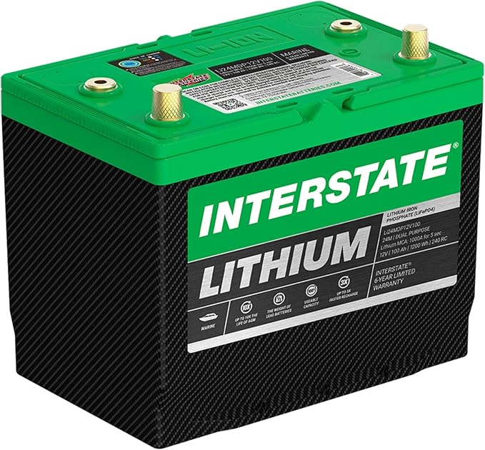 Interstate Batteries 12V 100Ah Group Size 24M Lithium Marine Dual Purpose Deep Cycle LiFePO4 Battery, Maintenance Free, Lightweight, Ideal For Boats with 1,000 Marine Cranking Amps (Li24MDP12V100)
