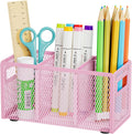 Marbrasse Mesh Pen Holder for Desk,Pencil Holder Desk Organizer 3 Adjustable Compartments,Pencil Cup with Handle Perfect for Classroom, Office, Home,Makeup,Art (Pink)