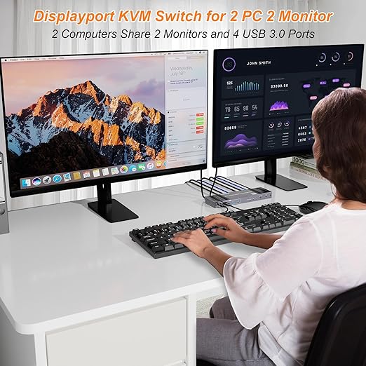 8K KVM Switch 2 Monitors 2 Computers Displayport, DP+DP 4K@144Hz USB3.0 Dual Monitor KVM Switches for 2 PC Sharing 2 Monitor of 1 Set Keyboard Mouse and USB Device, with IR Controller